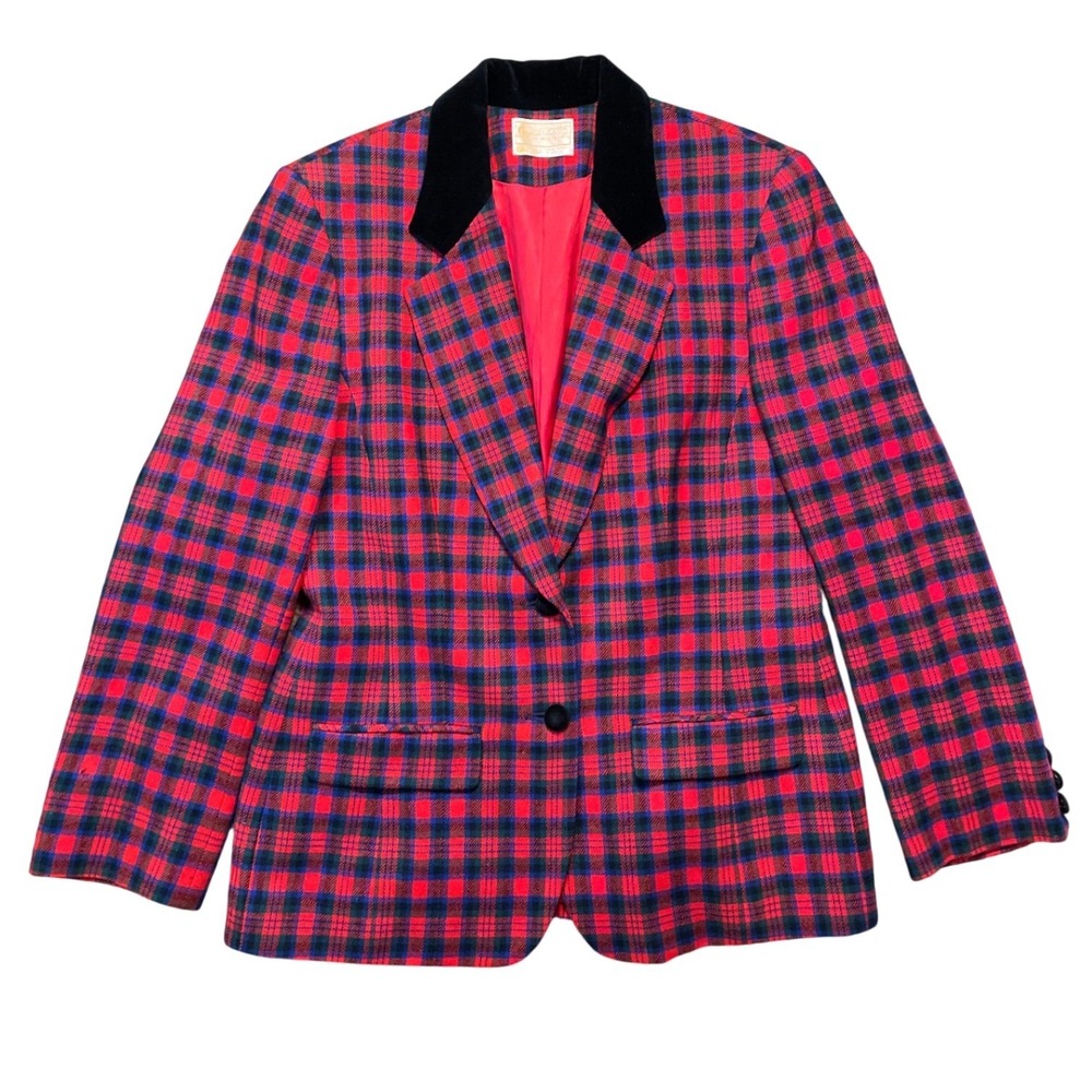 Vintage Pendelton Red Plaid Blazer Velvet Collar Women's 100% Wool Jacket Indie